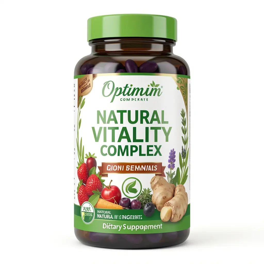 Optimum Natural Vitality Complex dietary supplement bottle with natural ingredients